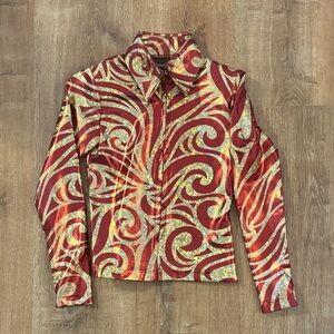 Hobby Horse EUC SZ L Youth Metallic Red Gold Patterned Girls' Zipper Show Shirt